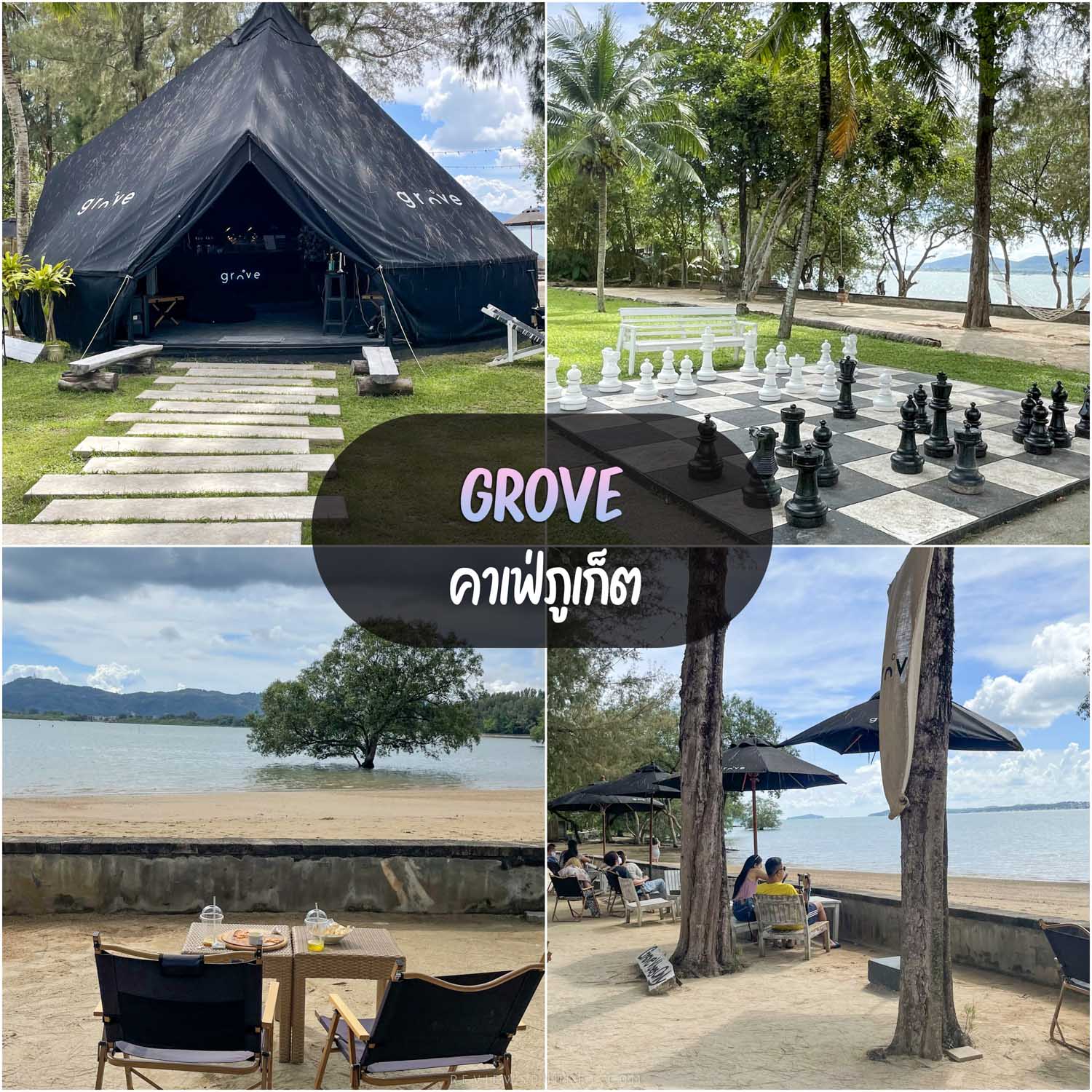 Grove, a Phuket cafe next to the sea, super beautiful, chic, cool, quiet, comfortable atmosphere. There are trees in the middle of the sea. Feels like a foreign country.